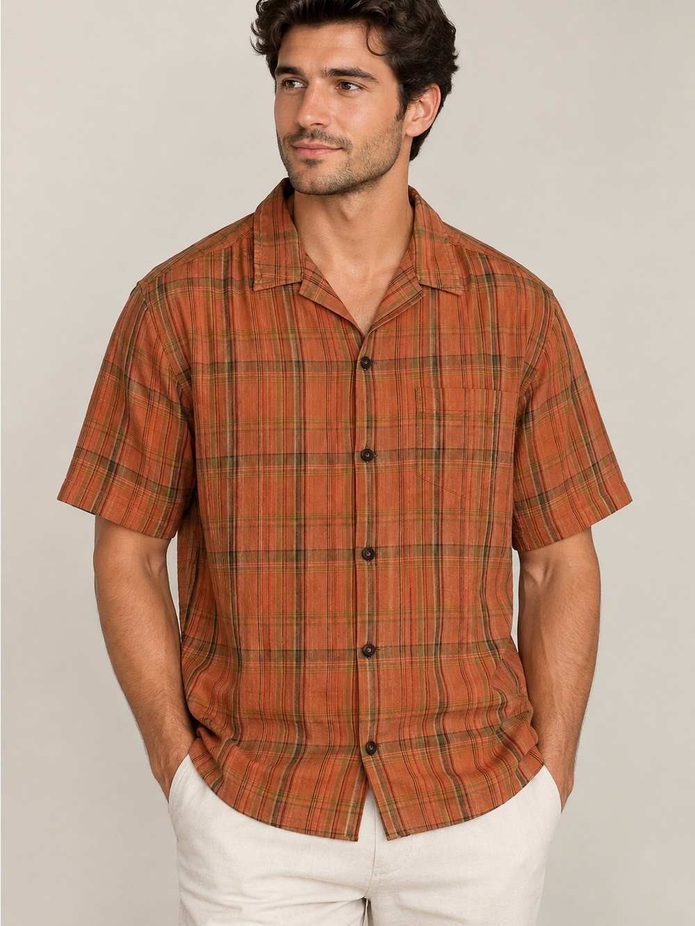 Banana Republic Orange Plaid Short-Sleeve Button-Down Shirt
